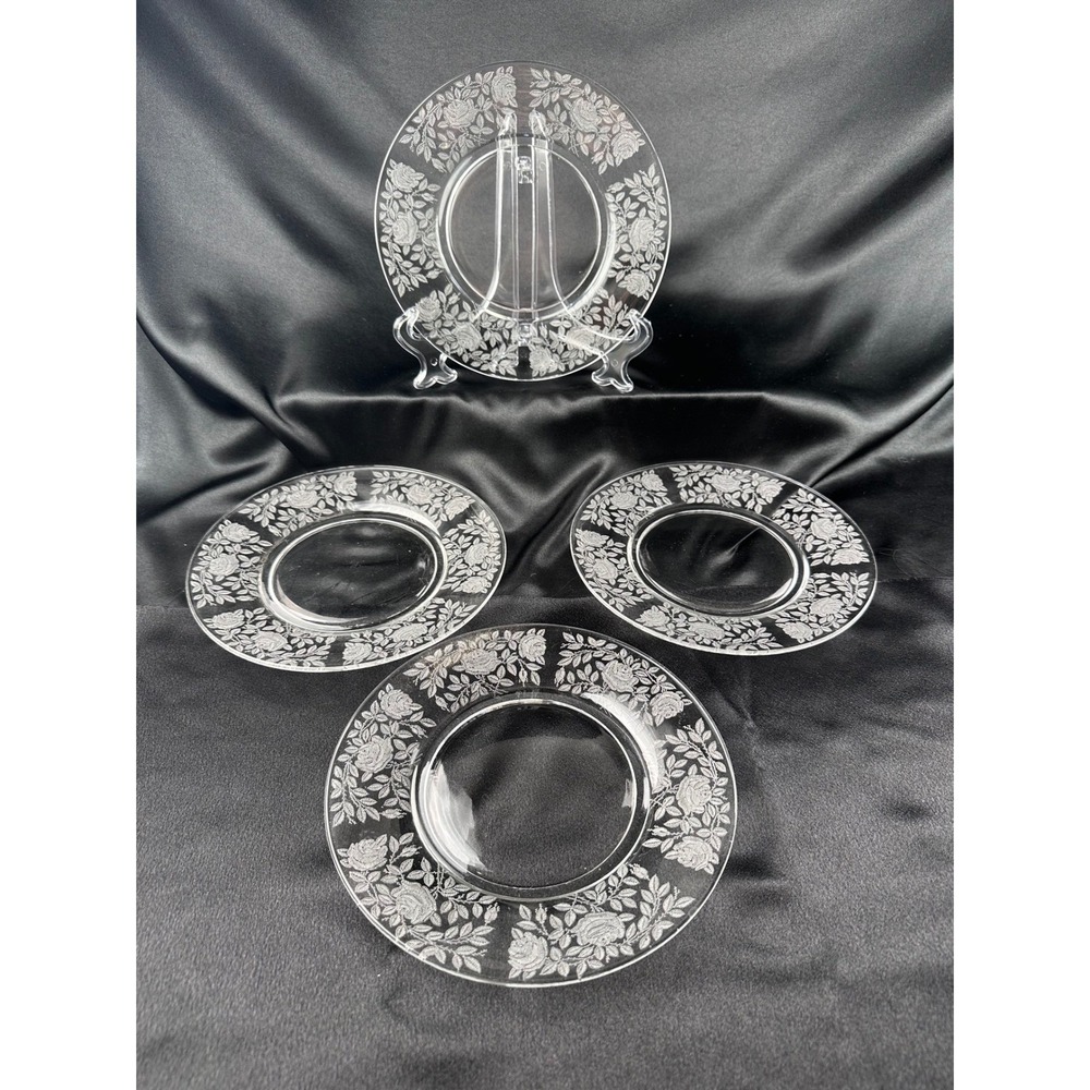 Tiffin Franciscan TIF13 Rose Etched Crystal 8 inch Salad Plates Set of 4 Clear